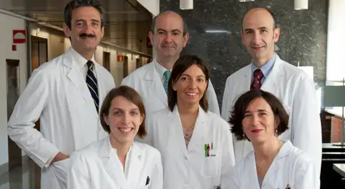 Equipo investigador radioembolizacion con microesferas para los tumores hepaticos De izda a dcha, los doctores Bruno Sangro (director de la Unidad de Hepatología), Nerea Fernández Ros (residente Medicina Interna), Alberto Benito Boillos (Ecografías), Delia Davola (Unidad de Hepatología), Fernando Rotellar Sastre (Cirugía General y Hepatobiliopancreática) y Mercedes Iñarrairaegui Bastarrica (Unidad de Hepatología). Otros especialistas integrantes del equipo son los doctores Fernando Pardo (Cirugía General y director de la Unidad Hepatobiliopancreática), José Ignacio Bilbao (coordinador Radiología Intervencionista) y Macarena Rodríguez (Medicina Nuclear).