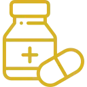 Icono dorado medicamento Icono dorado de una cápsula y un bote de medicamentos