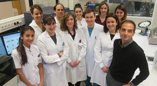 grupo-investigacion-mieloma-multiple-anticuerpo-EM801 Equipo investigador: En primera fila, de izda. a dcha., Astrid Cuéllar, Laura Moreno, Sonia Gárate, Tomas Jelinek, Leire Burgos y Bruno Paiva. En la fila posterior, Aintzane Zabaleta. Diego Alignani, Andrea Jiménez, Goretti Azparren y Cristina Pérez.