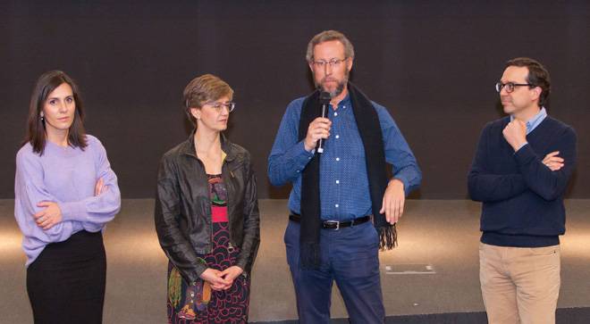 ciclo-neurocine-2019 Imagen de los especialistas de Neurología de la Clínica Universidad de Navarra durante el Ciclo de Neurocine en la Filmoteca de Navarra.