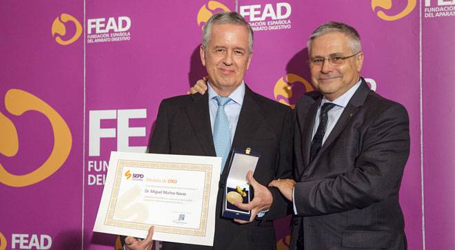 medalla-oro-sociedad-patologia-digestiva El Dr. Miguel Muñoz-Navas, director de Digestivo de la Clínica Universidad de Navarra recibe la medalla de oro de la SEDP de manos del Dr. Fernando Carballo Álvarez, presidente de la SEPD.