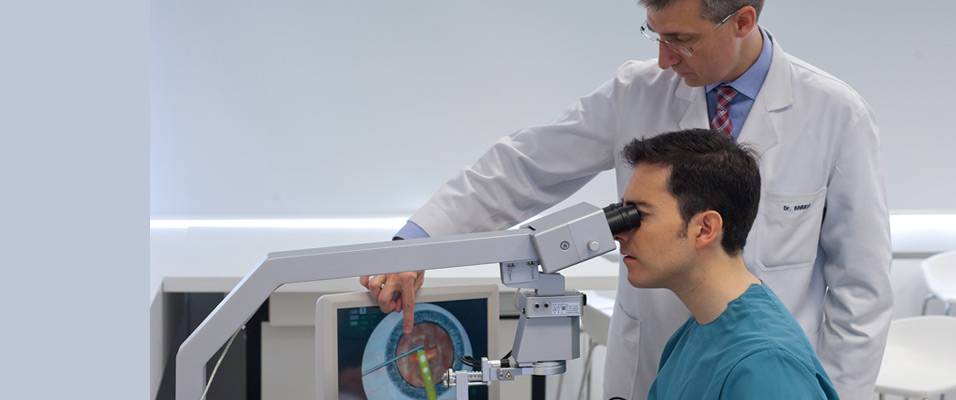 Asesoramiento personalizado en el curso de simulador en oftalmología Imagen de oftálmologo asesorando a un alumno del curso de simulación de cirugía oftalmológica