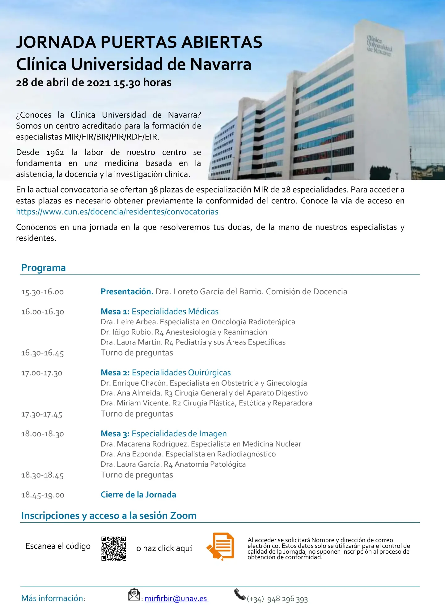 programa-MIR-2021 Imagen del programa de puertas abiertas para MIR de la Clínica Universidad de Navarra.