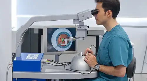 simulador-oftalmologia-6 <p>Imagen del entrenamiento de un médico oftalmólogo con el simulador VRMagic</p>