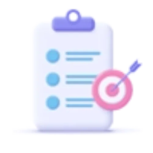 Icono diana. 3D. CUN Icono en 3D de carpeta de clip superior con documento con listado de 3 viñetas de puntos y con una diana en un lateral, a círculos blanco y rojo con flecha