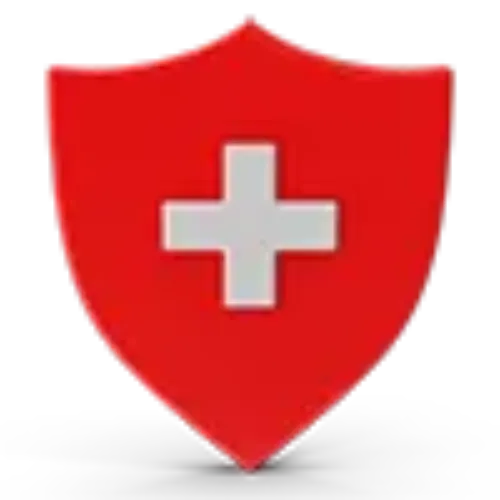 Icono escudo rojo. 3D. CUN Icono de escudo suizo con fondo rojo y cruz blanca