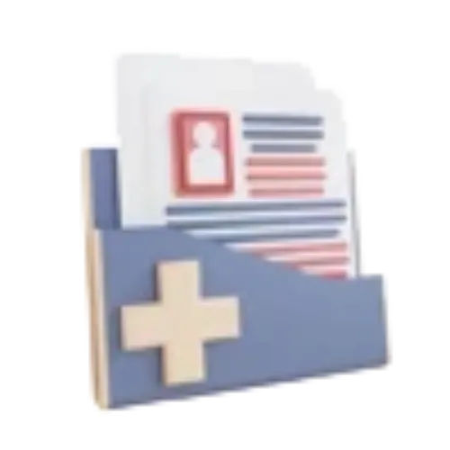 Icono historial médico. 3D. CUN Icono en 3D de una carpeta con una cruz en la parte inferior que contiene documentación relativa al historial de un paciente