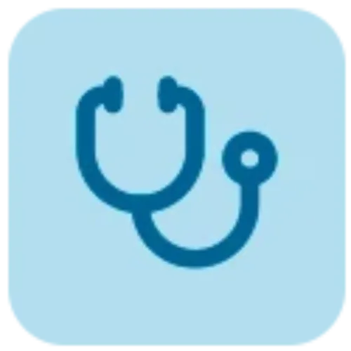 Imagen con un icono con fondo azul y un símbolo de un fonendoscopio<br/><br/>