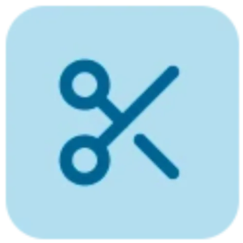 Imagen con un icono con fondo azul y un símbolo de unas tijeras<br/>