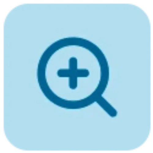 Imagen con un icono con fondo azul y un símbolo de una lupa con una cruz<br/>