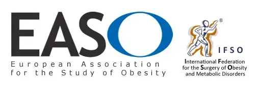 Logos EASO e IFSO Logos de la Sociedad Europea para el estudio de la Obesidad (EASO) y de la Federación Internacional para la Cirugía Bariátrica (IFSO).