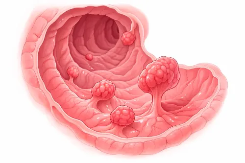 Ilustración en donde se ve el interior del colon con pólipos a través de la colonoscopia. Clínica Universidad de Navarra