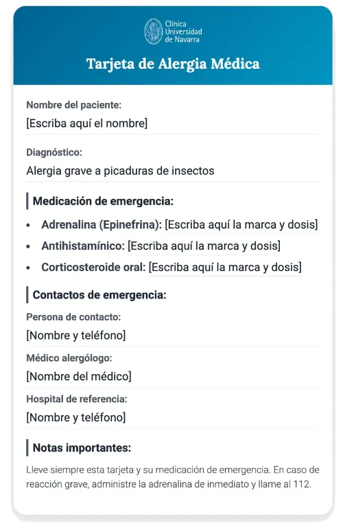 Imagen de la tarjeta para pacientes en caso de alergia a picadura de insectos. Clínica Universidad de Navarra