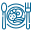 icono azul 32 comida Imagen de color azul de un icono de un plato con comida con una cuchara a la izquierda y un tenedor a la derecha del plato