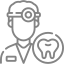 Icono de color gris de silueta de dentista varón con linterna frontal y bata y a un lado silueta de muela rodeada de un círculo no completo