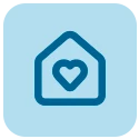 Icono azul silueta cuidado en casa Imagen con un icono con fondo azul y un símbolo de una casa con un corazón<br/><br/>