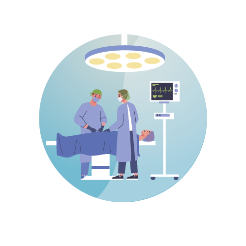 Icono en color de cirujanos en quirófano con un paciente anestesiado para cirugía