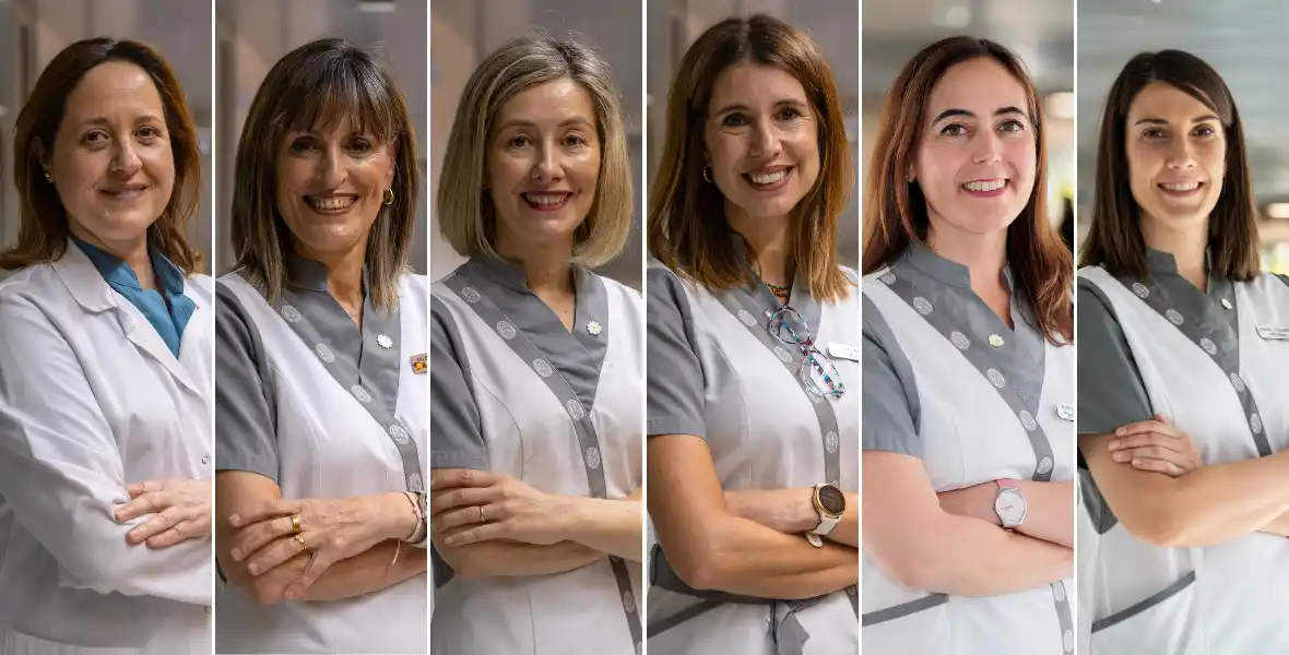 Imagen de seis las enfermeras premiadas en la Clínica Universidad de Navarra con los Daisy Awards Eva Sánchez, Salomé San Bruno, Edurne Fernández, Eva Morillo, María Isabel Vivas y Bárbara Llenderrozas.