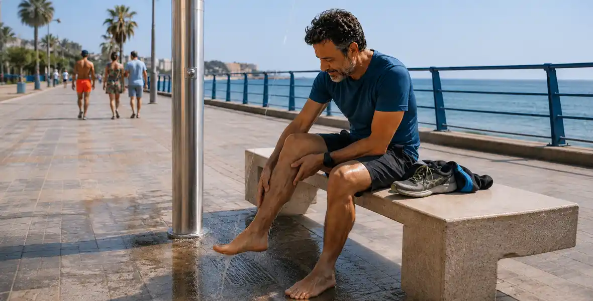 Imagen de un hombre que se refresca las piernas para mejorar la circulación como indican los expertos de la Clínica Universidad de Navarra.