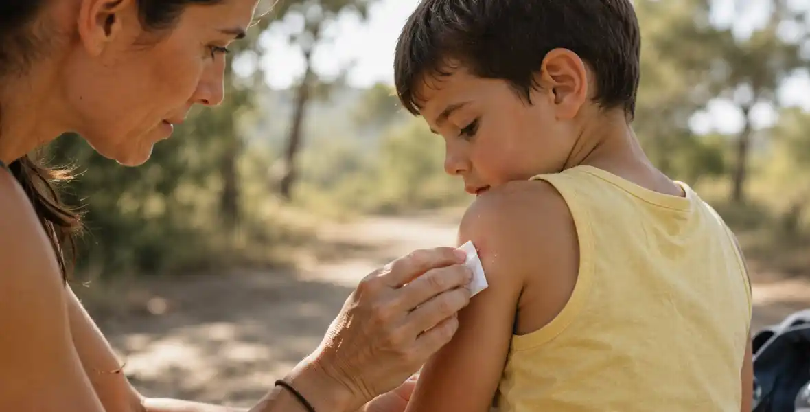 Imagen de una mujer limpiando la picadura de un mosquito de un niño para ilustrar las infecciones más frecuentes en verano que analizan los especialistas de la Clínica Universidad de Navarra.