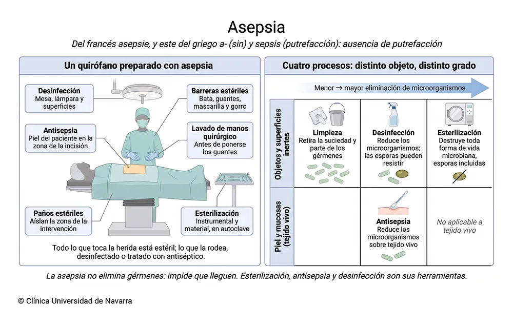 Esquema de un quirófano preparado con asepsia, con las medidas que la sostienen: esterilización del instrumental en autoclave, lavado de manos quirúrgico, barreras y paños estériles, antisepsia de la piel del paciente y desinfección de superficies. Compara limpieza, desinfección, antisepsia y esterilización según actúen sobre objetos o tejido vivo y según eliminen o no las esporas.